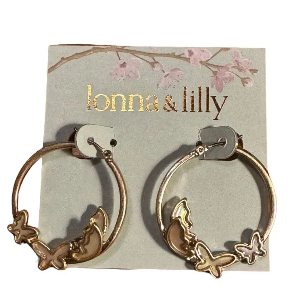 NWT Lonna & Lilly Gold-Tone Enamel Butterfly Medium Hoop Earrings, 1.2
